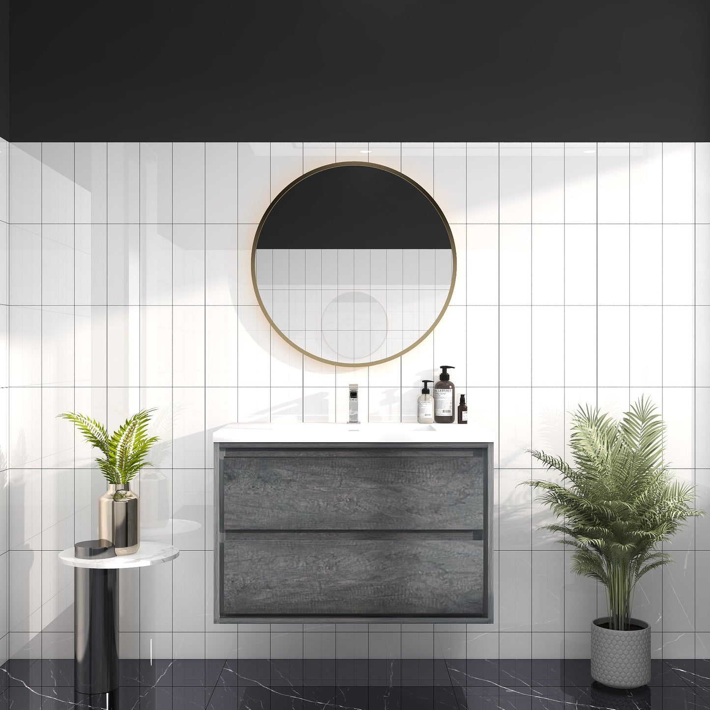 Saggia 36" Wall-Mounted Floating Bathroom Vanity with Reinforced Acrylic Sink in Smoke Oak | Better Vanity Modern Luxury Bathroom Vanities