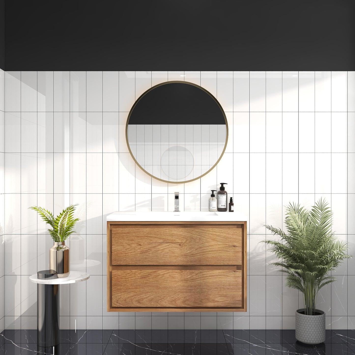 Saggia 36" Wall-Mounted Floating Bathroom Vanity with Reinforced Acrylic Sink in Teak Oak | Better Vanity Modern Luxury Bathroom Vanities