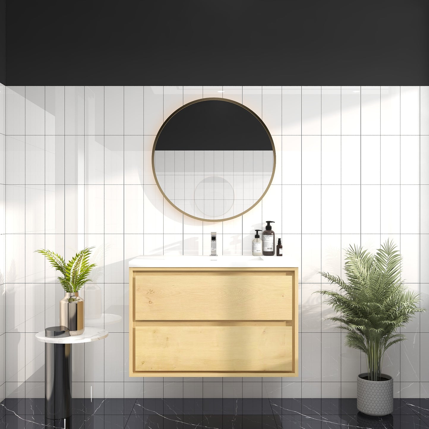 Saggia 36" Wall-Mounted Floating Bathroom Vanity with Reinforced Acrylic Sink in Light Oak | Better Vanity Modern Luxury Bathroom Vanities