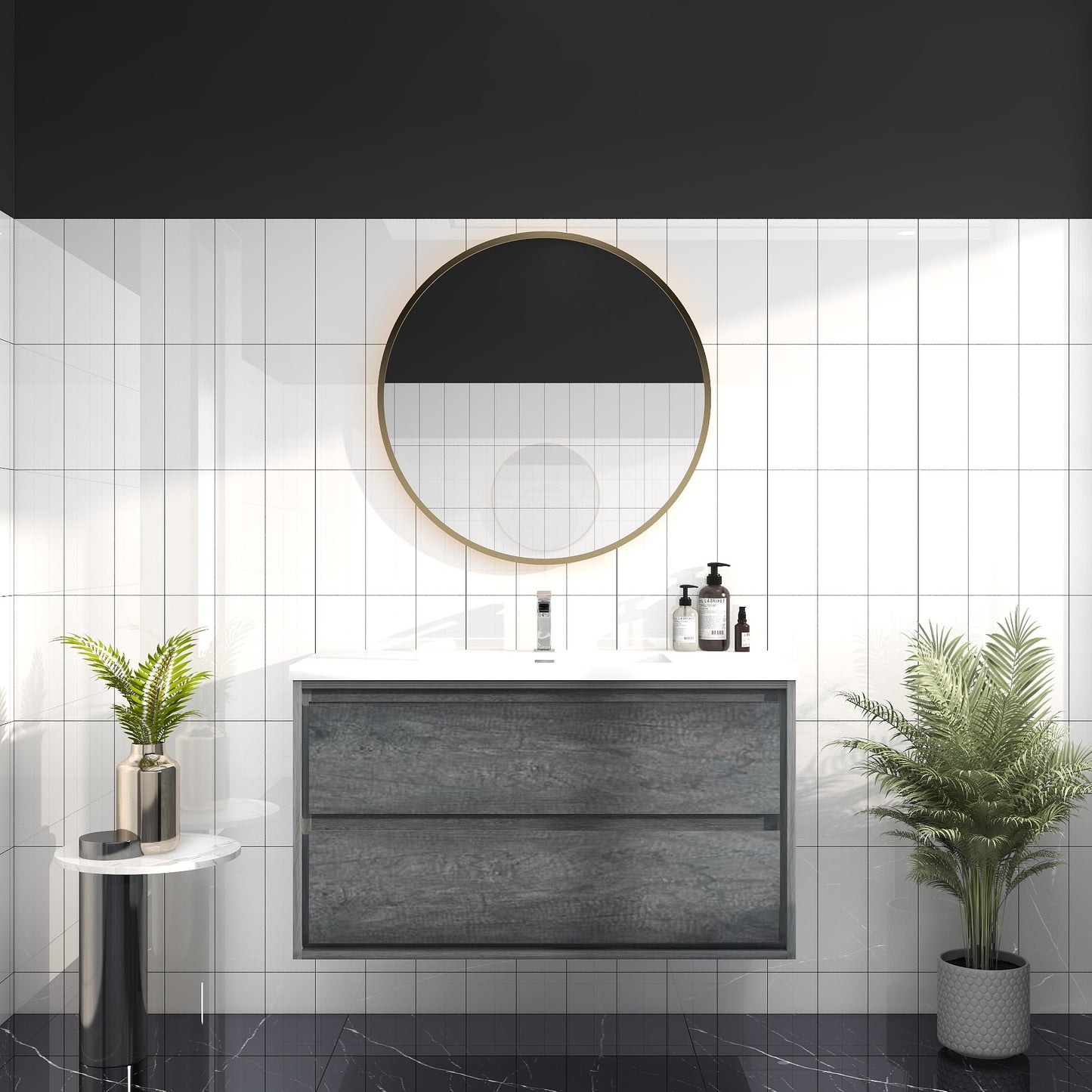 Saggia 42" Wall-Mounted Floating Bathroom Vanity with Reinforced Acrylic Sink in Smoke Oak | Better Vanity Modern Luxury Bathroom Vanities