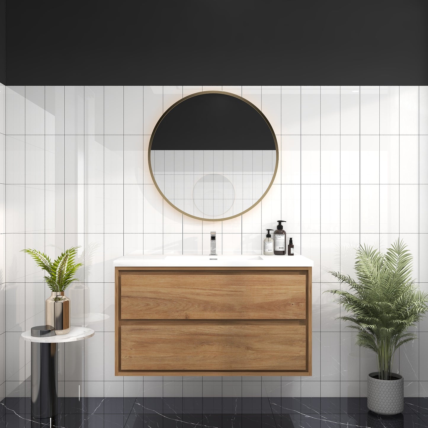 Saggia 42" Wall-Mounted Floating Bathroom Vanity with Reinforced Acrylic Sink in White Oak | Better Vanity Modern Luxury Bathroom Vanities