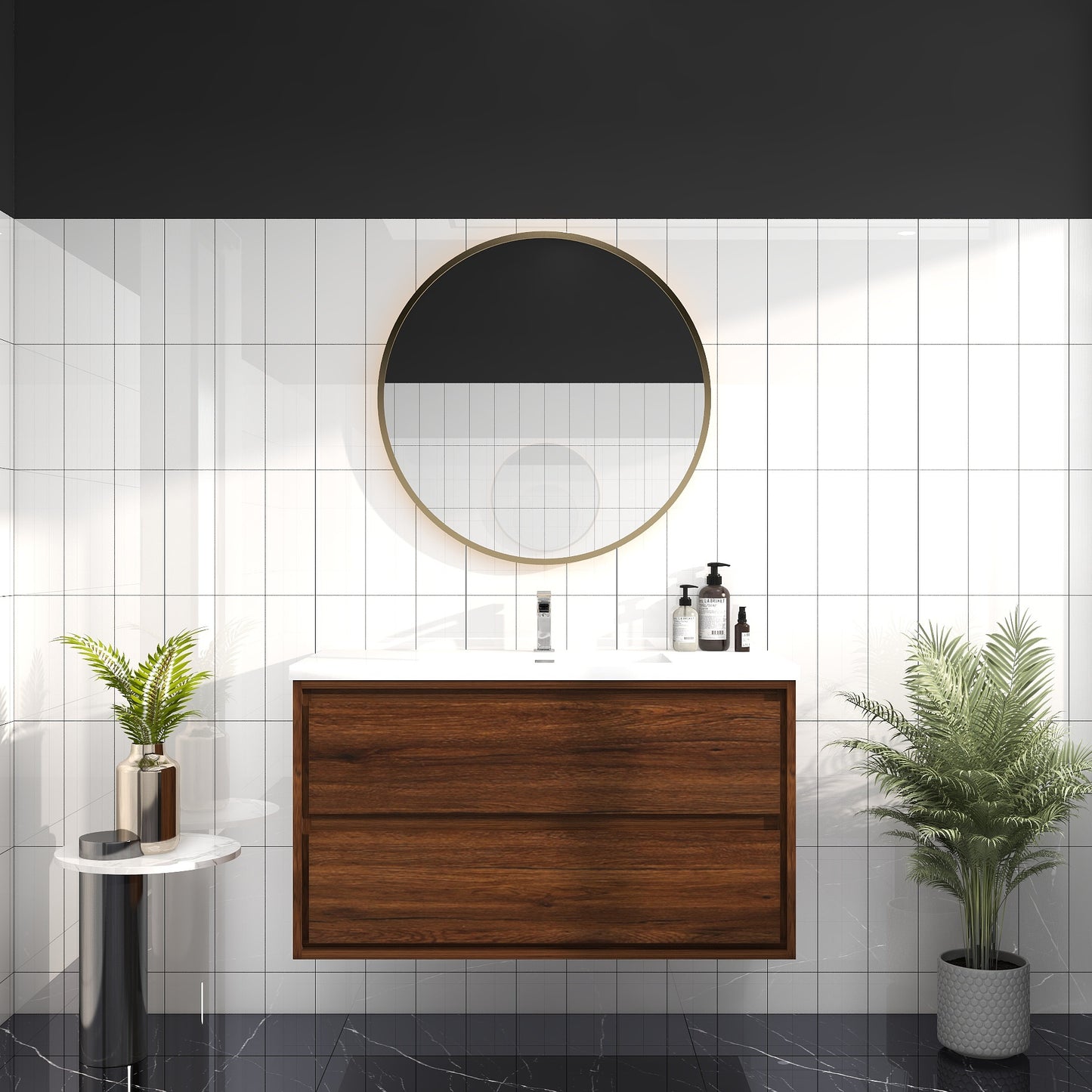 Saggia 42" Wall-Mounted Floating Bathroom Vanity with Reinforced Acrylic Sink in Rosewood | Better Vanity Modern Luxury Bathroom Vanities