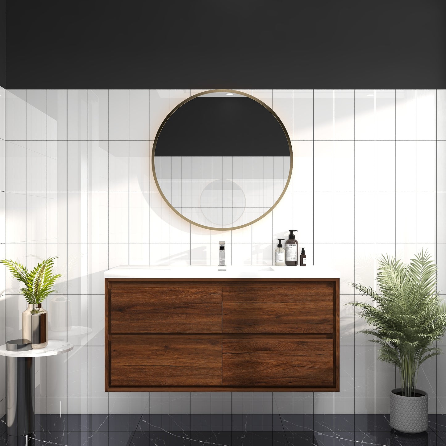 Saggia 48" Wall-Mounted Floating Bathroom Vanity with Reinforced Acrylic Sink in Rosewood | Better Vanity Modern Luxury Bathroom Vanities