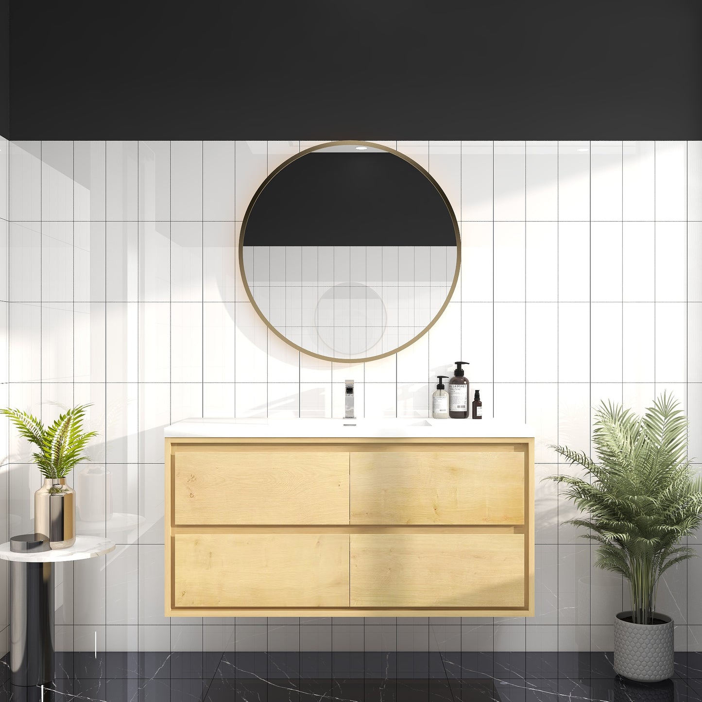 Saggia 48" Wall-Mounted Floating Bathroom Vanity with Reinforced Acrylic Sink in Light Oak | Better Vanity Modern Luxury Bathroom Vanities