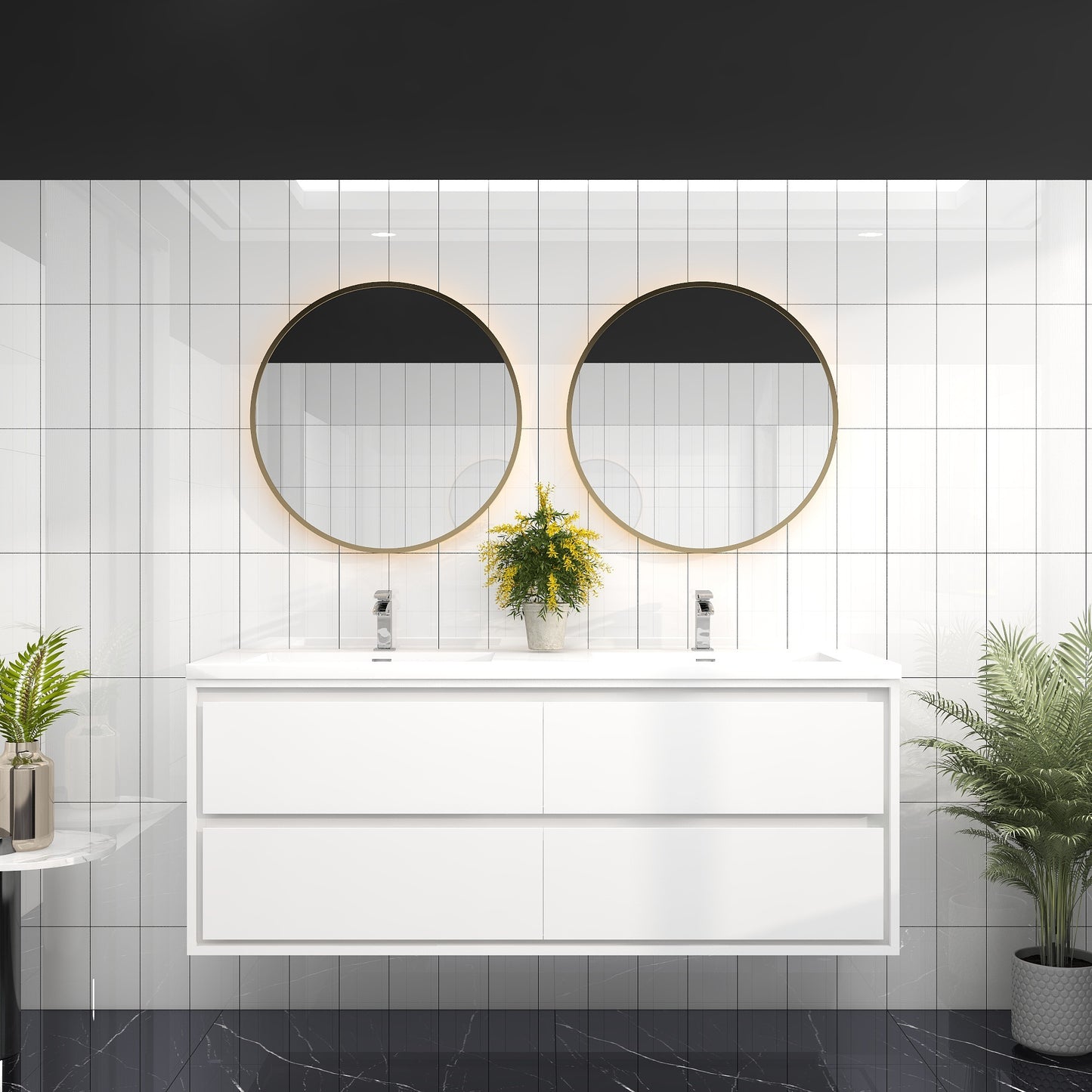 Saggia 60" Wall-Mounted Floating Bathroom Vanity with Reinforced Acrylic Double Sink in Gloss White | Better Vanity Modern Luxury Bathroom Vanities