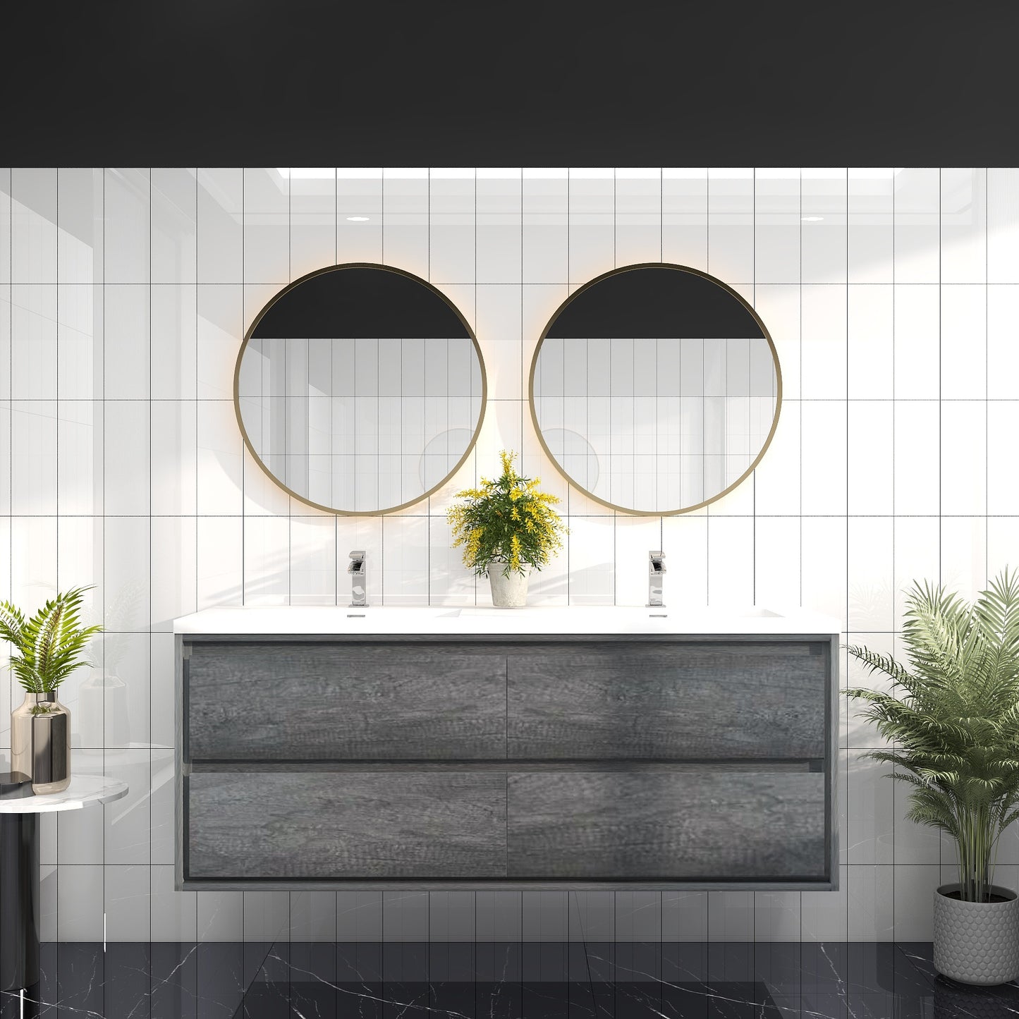 Saggia 60" Wall-Mounted Floating Bathroom Vanity with Reinforced Acrylic Double Sink in Smoke Oak | Better Vanity Modern Luxury Bathroom Vanities