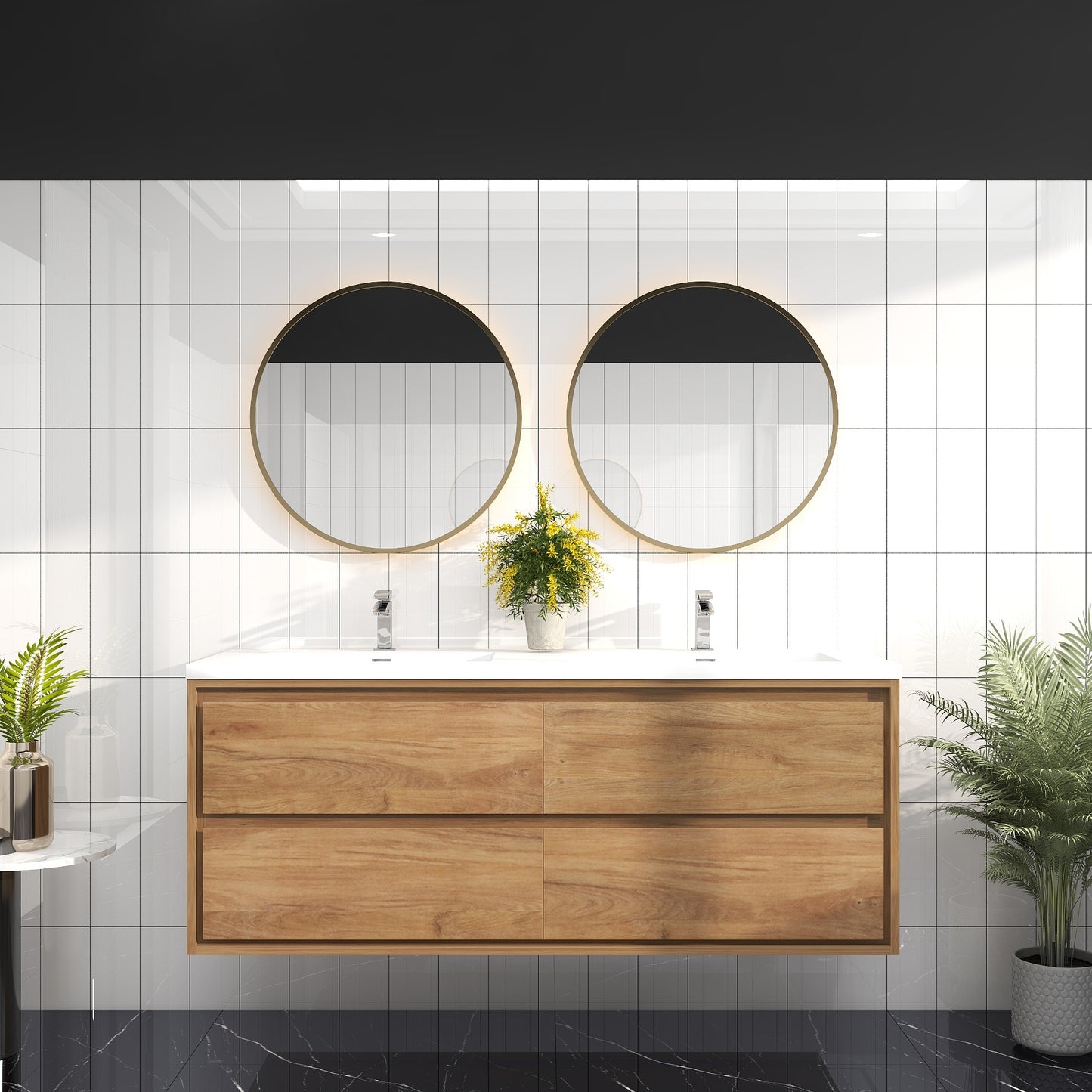 Saggia 60" Wall-Mounted Floating Bathroom Vanity with Reinforced Acrylic Double Sink in White Oak | Better Vanity Modern Luxury Bathroom Vanities
