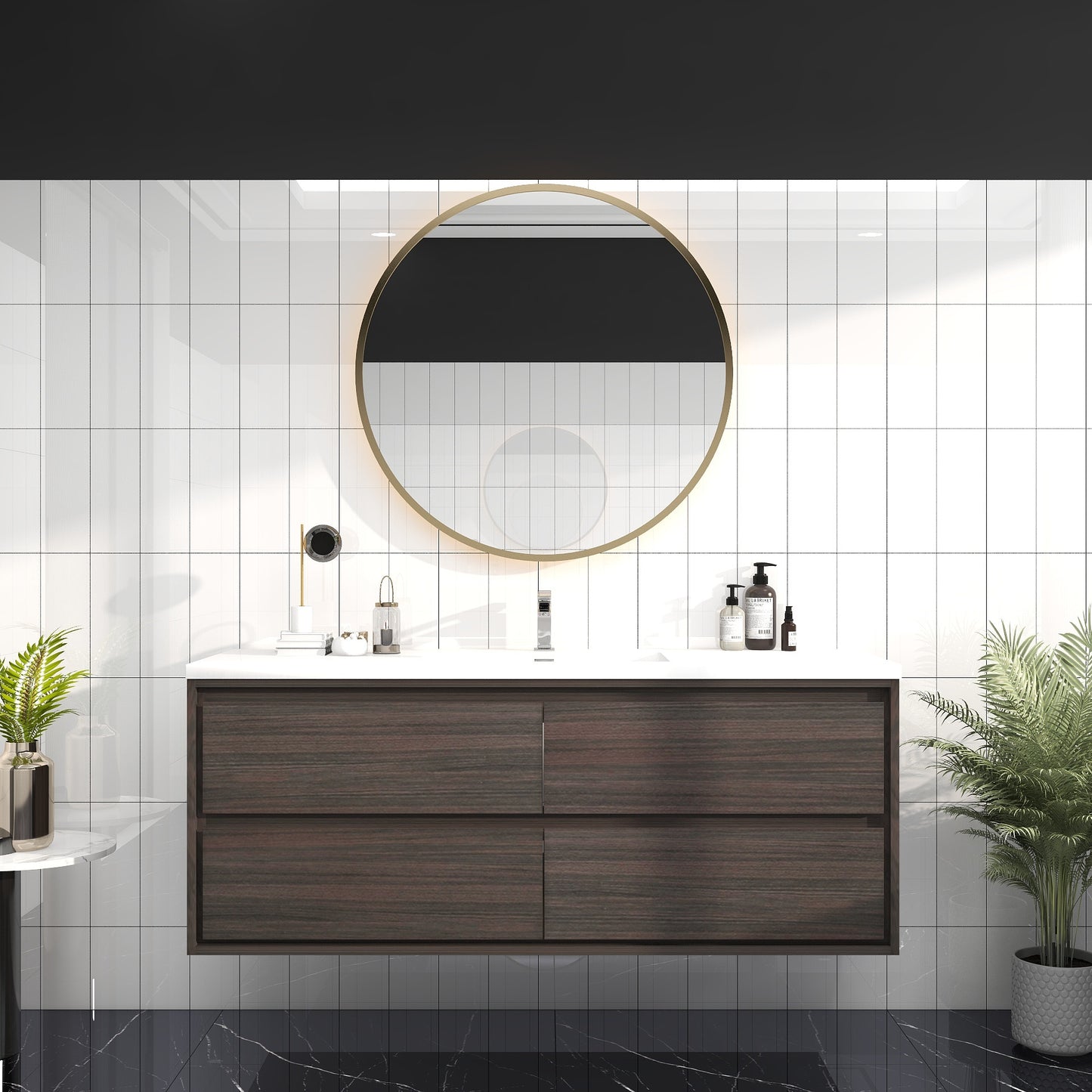 Saggia 60" Wall-Mounted Floating Bathroom Vanity with Reinforced Acrylic Sink in Dark Gray Oak | Better Vanity Modern Luxury Bathroom Vanities