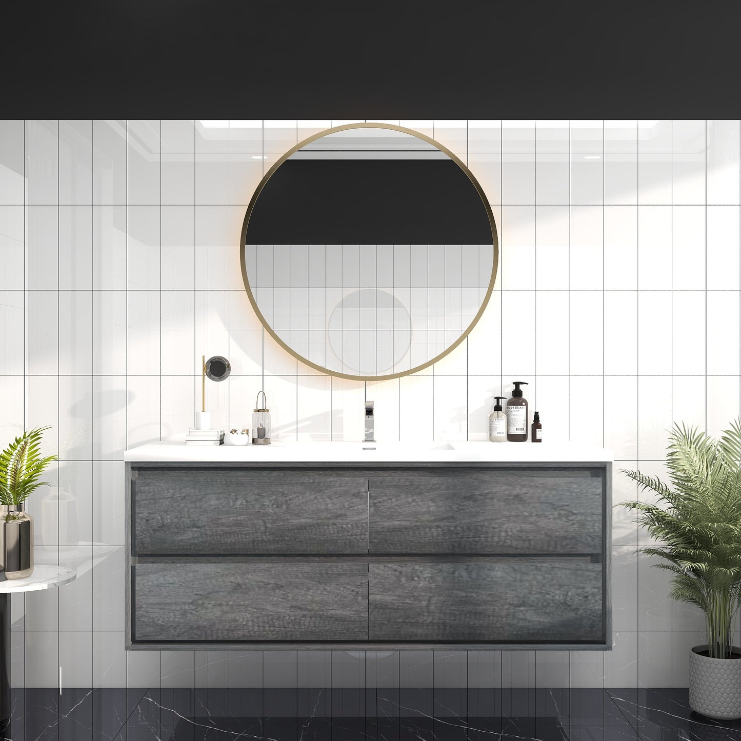 Saggia 60" Wall-Mounted Floating Bathroom Vanity with Reinforced Acrylic Sink in Smoke Oak | Better Vanity Modern Luxury Bathroom Vanities