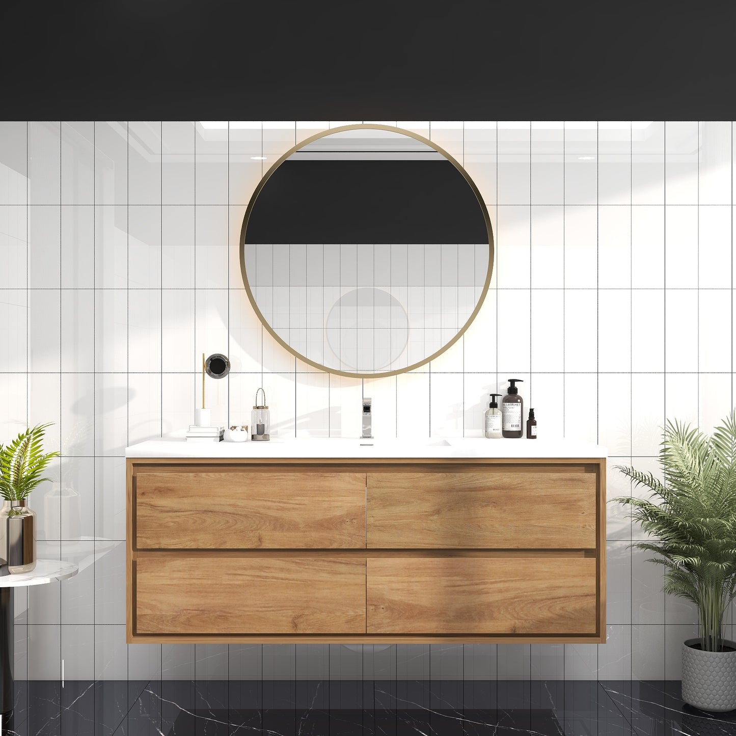 Saggia 60" Wall-Mounted Floating Bathroom Vanity with Reinforced Acrylic Sink in White Oak | Better Vanity Modern Luxury Bathroom Vanities