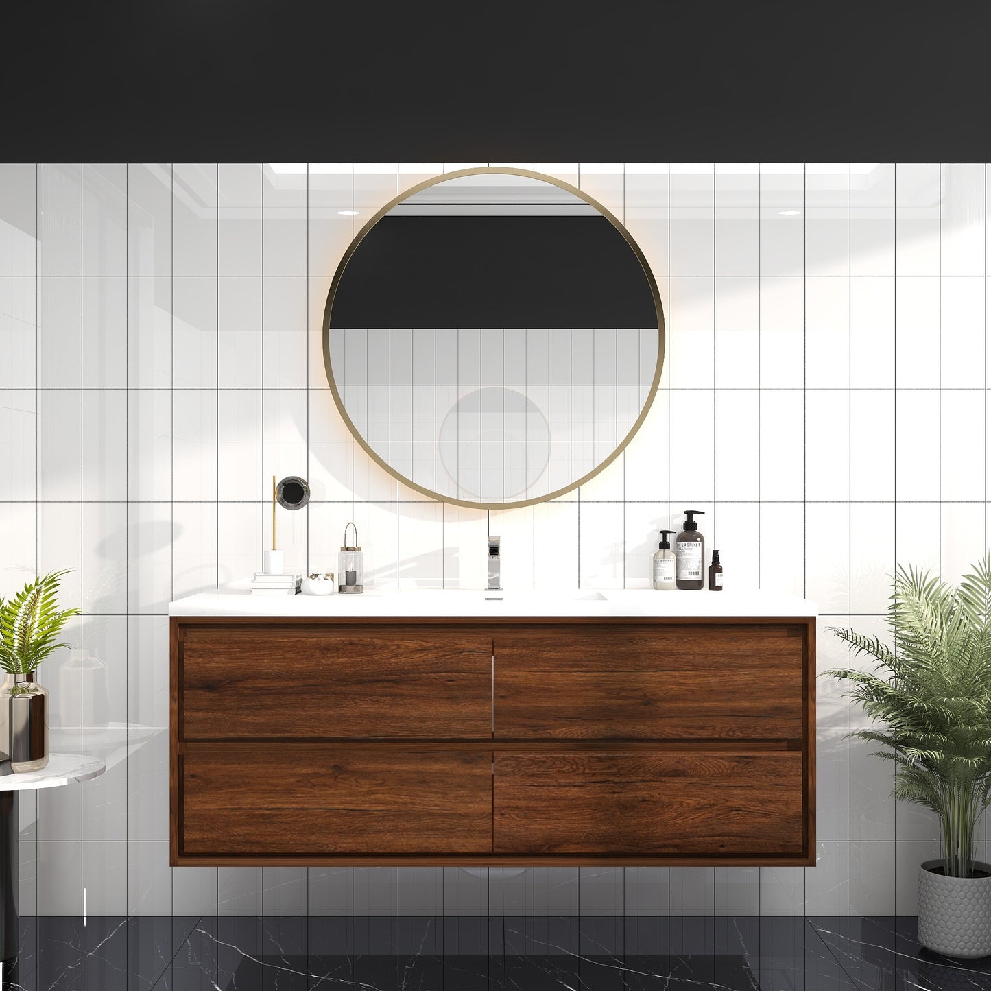 Saggia 60" Wall-Mounted Floating Bathroom Vanity with Reinforced Acrylic Sink in Rosewood | Better Vanity Modern Luxury Bathroom Vanities