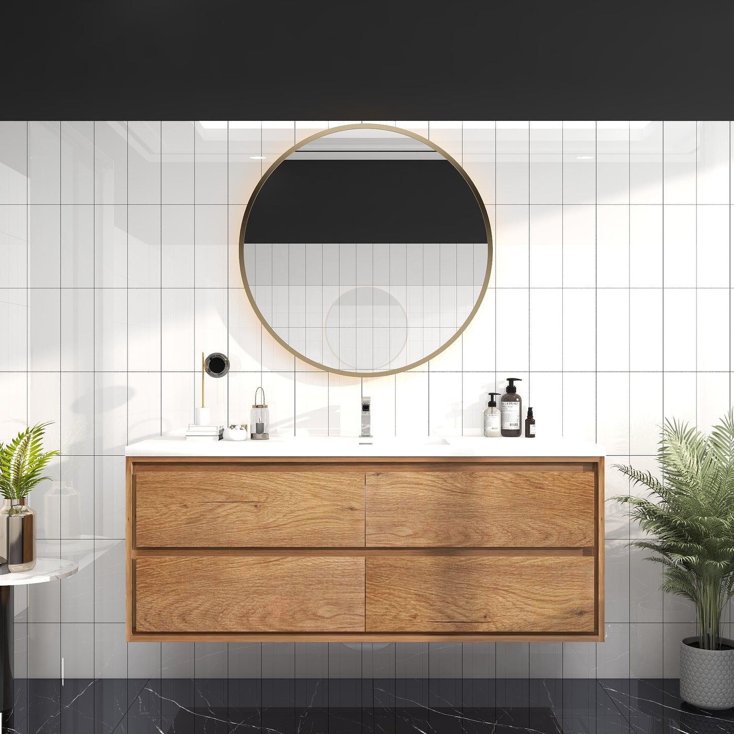 Saggia 60" Wall-Mounted Floating Bathroom Vanity with Reinforced Acrylic Sink in Teak Oak | Better Vanity Modern Luxury Bathroom Vanities