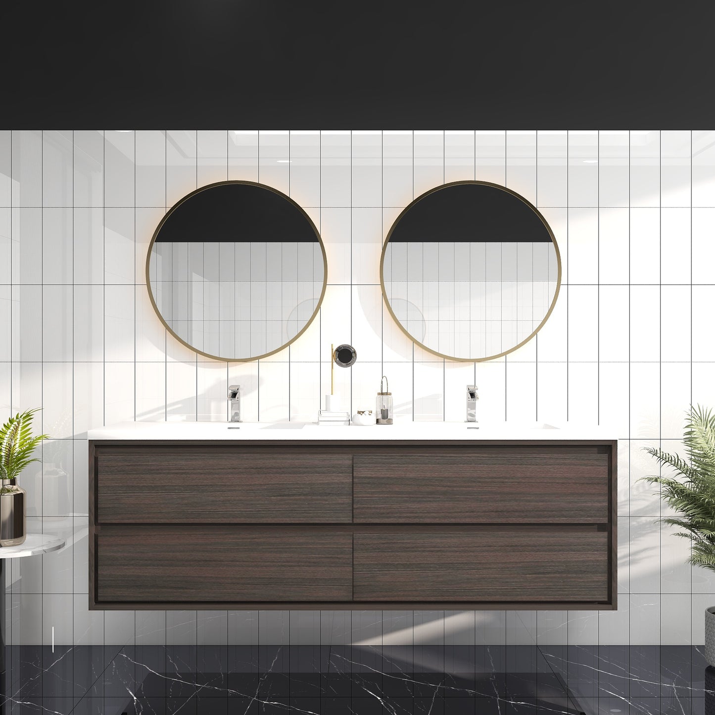 Saggia 72" Wall-Mounted Floating Bathroom Vanity with Reinforced Acrylic Double Sink in Dark Gray Oak | Better Vanity Modern Luxury Bathroom Vanities