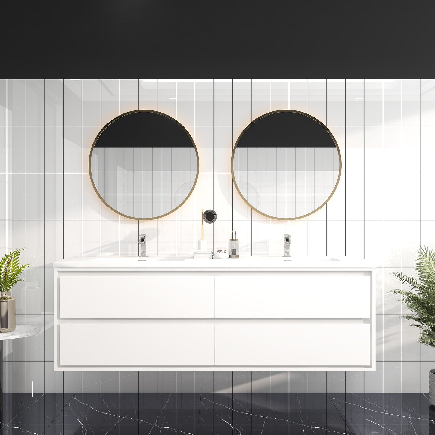 Saggia 72" Wall-Mounted Floating Bathroom Vanity with Reinforced Acrylic Double Sink in Gloss White | Better Vanity Modern Luxury Bathroom Vanities