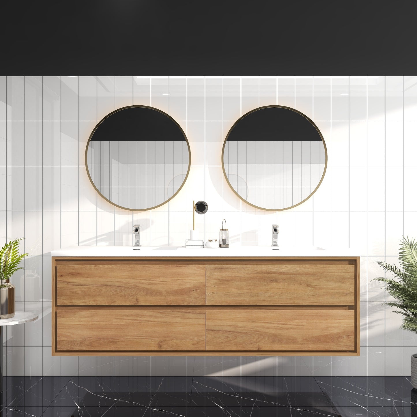 Saggia 72" Wall-Mounted Floating Bathroom Vanity with Reinforced Acrylic Double Sink in White Oak | Better Vanity Modern Luxury Bathroom Vanities
