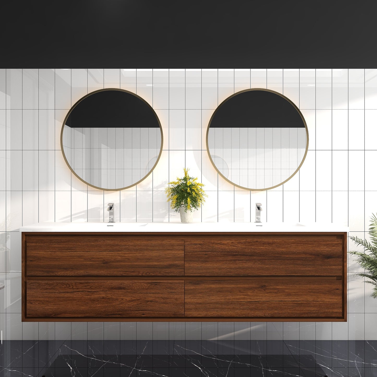 Saggia 84" Wall-Mounted Floating Bathroom Vanity with Reinforced Acrylic Double Sink in Rosewood | Better Vanity Modern Luxury Bathroom Vanities