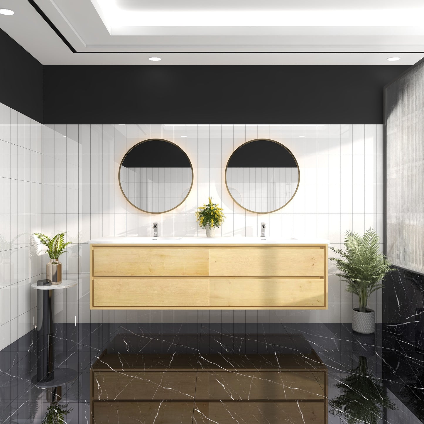 Saggia 84" Wall-Mounted Floating Bathroom Vanity with Reinforced Acrylic Double Sink in Light Oak | Better Vanity Modern Luxury Bathroom Vanities