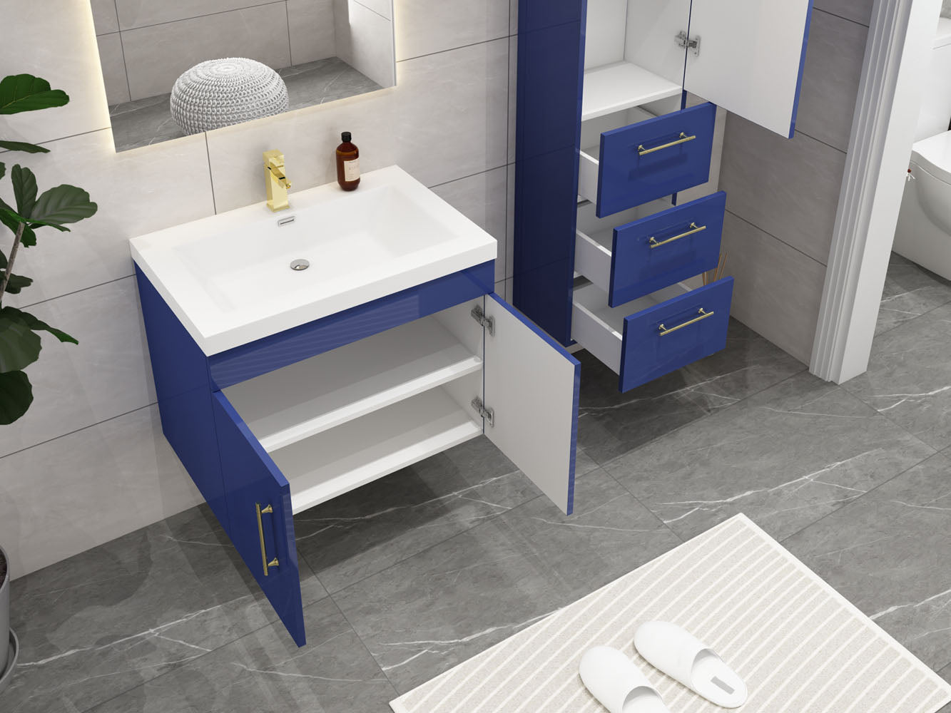 Elsa Glossy Night Blue Wall Mounted Side Cabinet