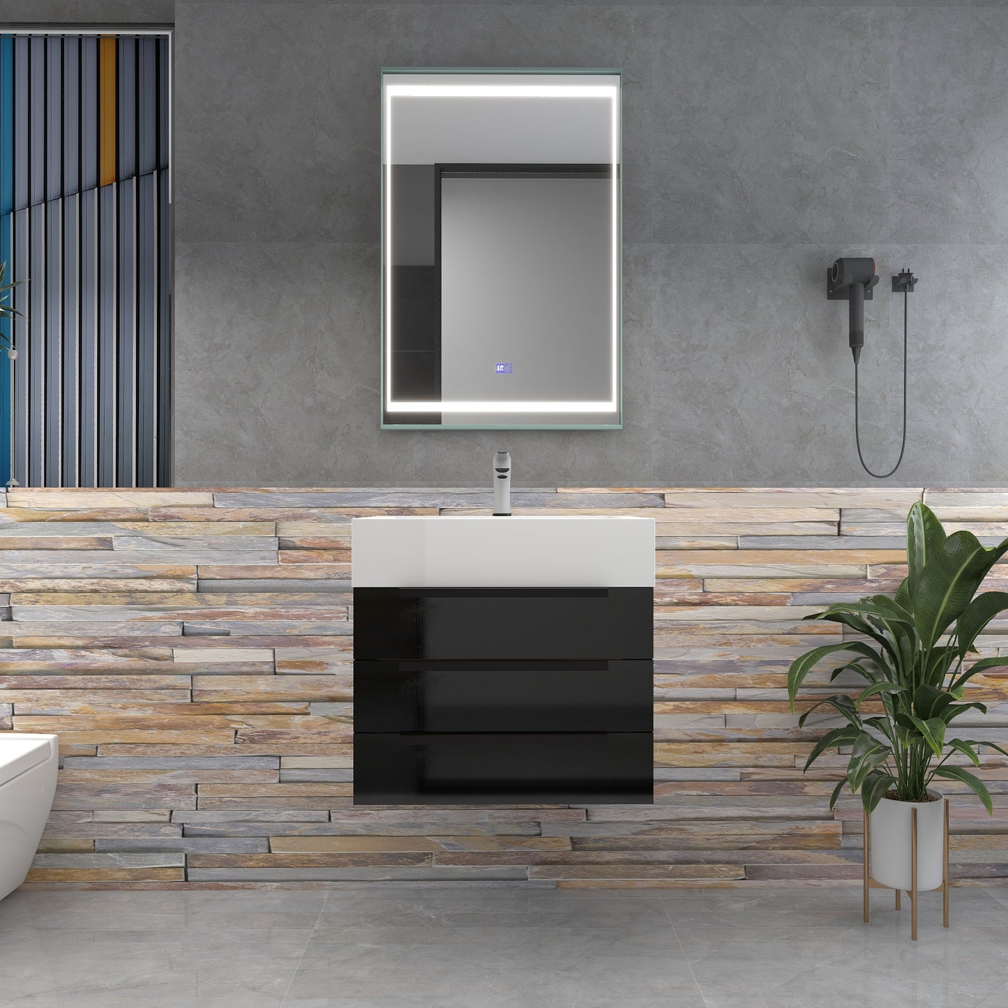 Bethany 24" Wall-Mounted Floating Bathroom Vanity with Reinforced Acrylic Sink in Gloss Black with Black Handles | Better Vanity Bath Vanities