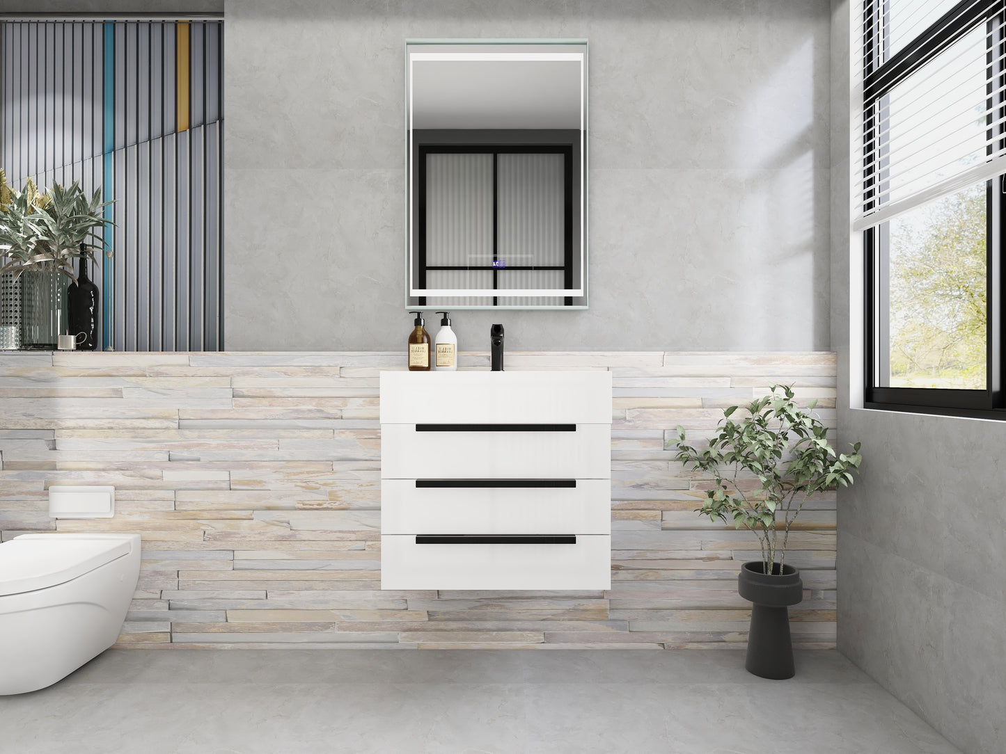 Bethany 24" Wall-Mounted Floating Bathroom Vanity with Reinforced Acrylic Sink in Gloss White with Black Handles | Better Vanity Bath Vanities