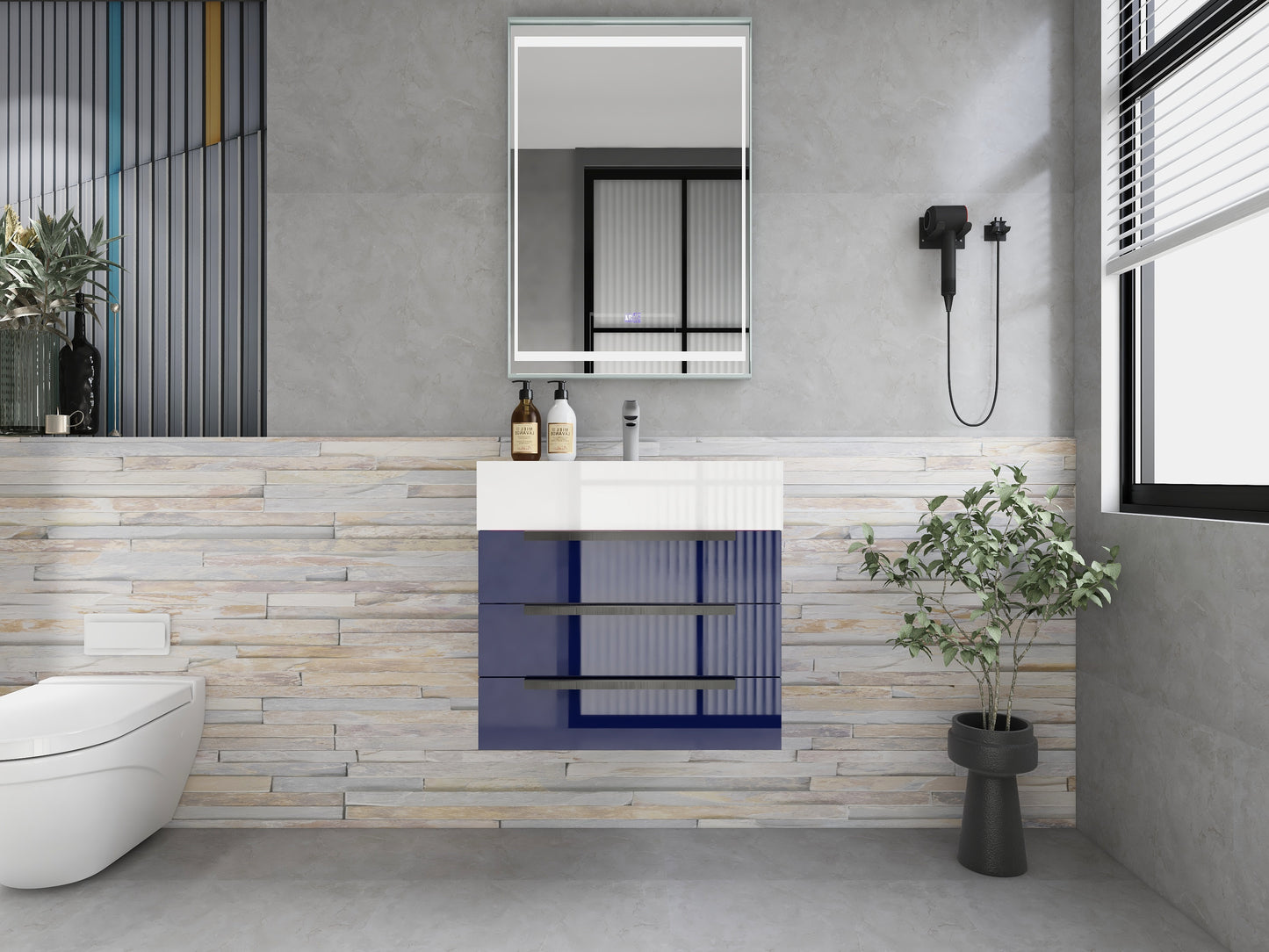 Bethany 24" Floating Bathroom Vanity with Reinforced Acrylic Sink in Night Blue Gloss with Black Handles | Better Vanity Bath Vanities