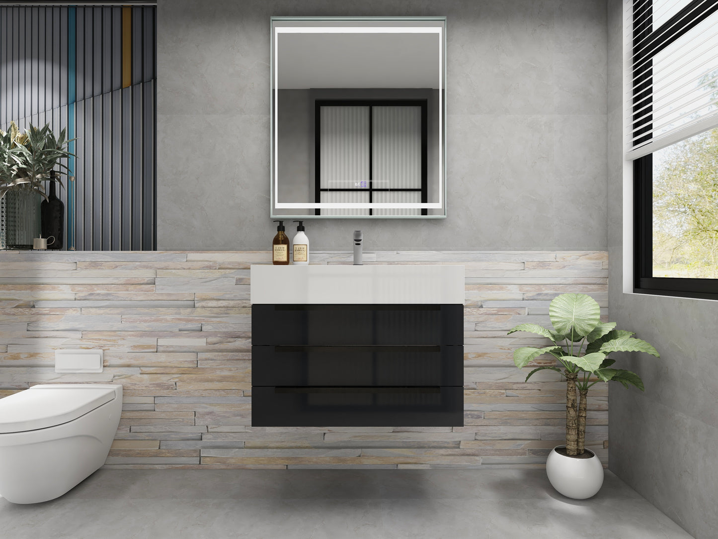 Bethany 30" Wall Mounted Floating Bathroom Vanity with Reinforced Acrylic Sink in Gloss Gray with Black Handles | Better Vanity Bath Vanities