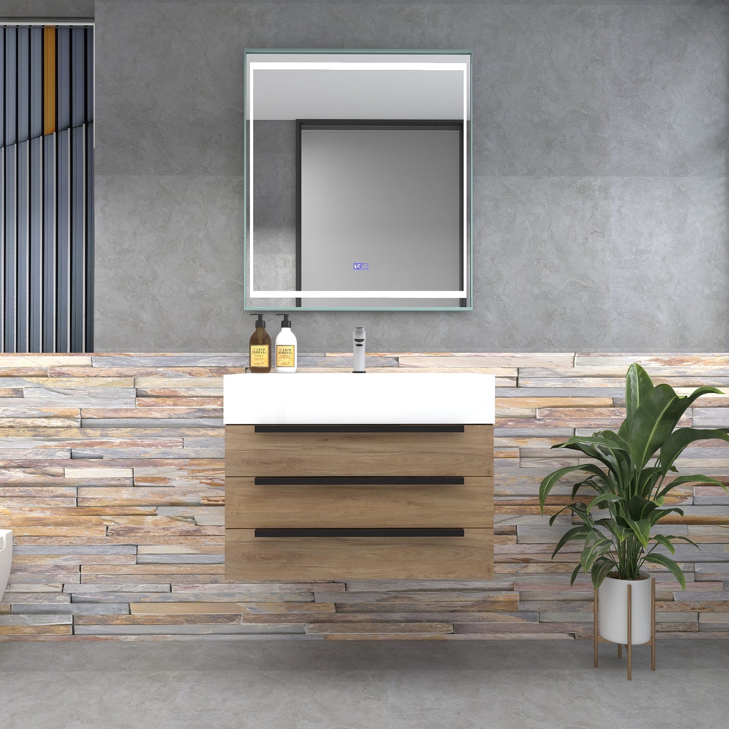 Bethany 30" Wall-Mounted Floating Bathroom Vanity with Reinforced Acrylic Sink in White Oak with Black Handles | Better Vanity Bath Vanities