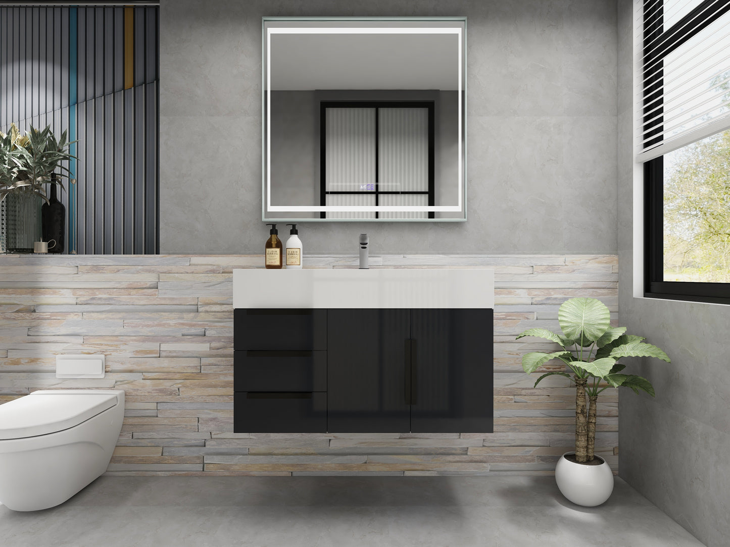 Bethany 36" Wall Mounted Floating Bathroom Vanity with Reinforced Acrylic Sink in Gloss Gray with Black Handles | Better Vanity Bath Vanities