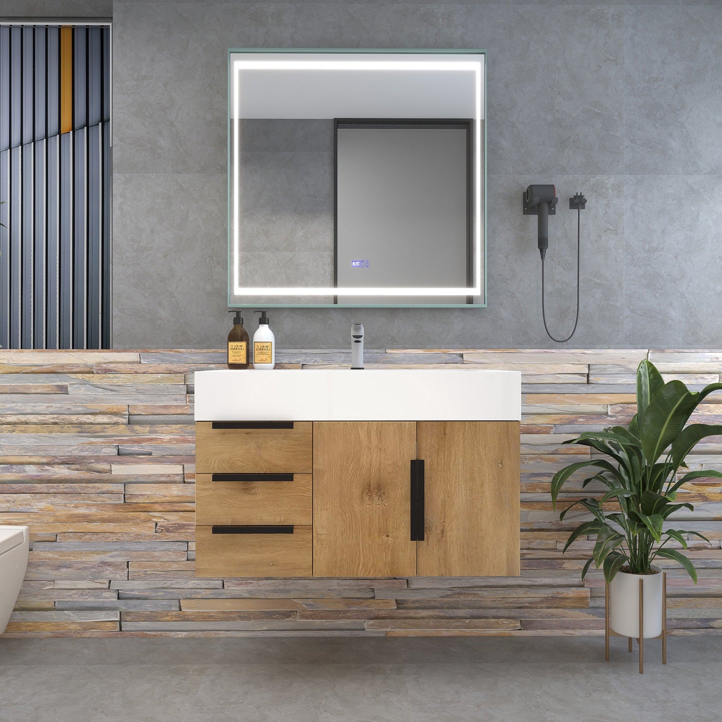 Bethany 36" Wall-Mounted Floating Bathroom Vanity with Reinforced Acrylic Sink in Teak Oak with Black Handles | Better Vanity Bath Vanities
