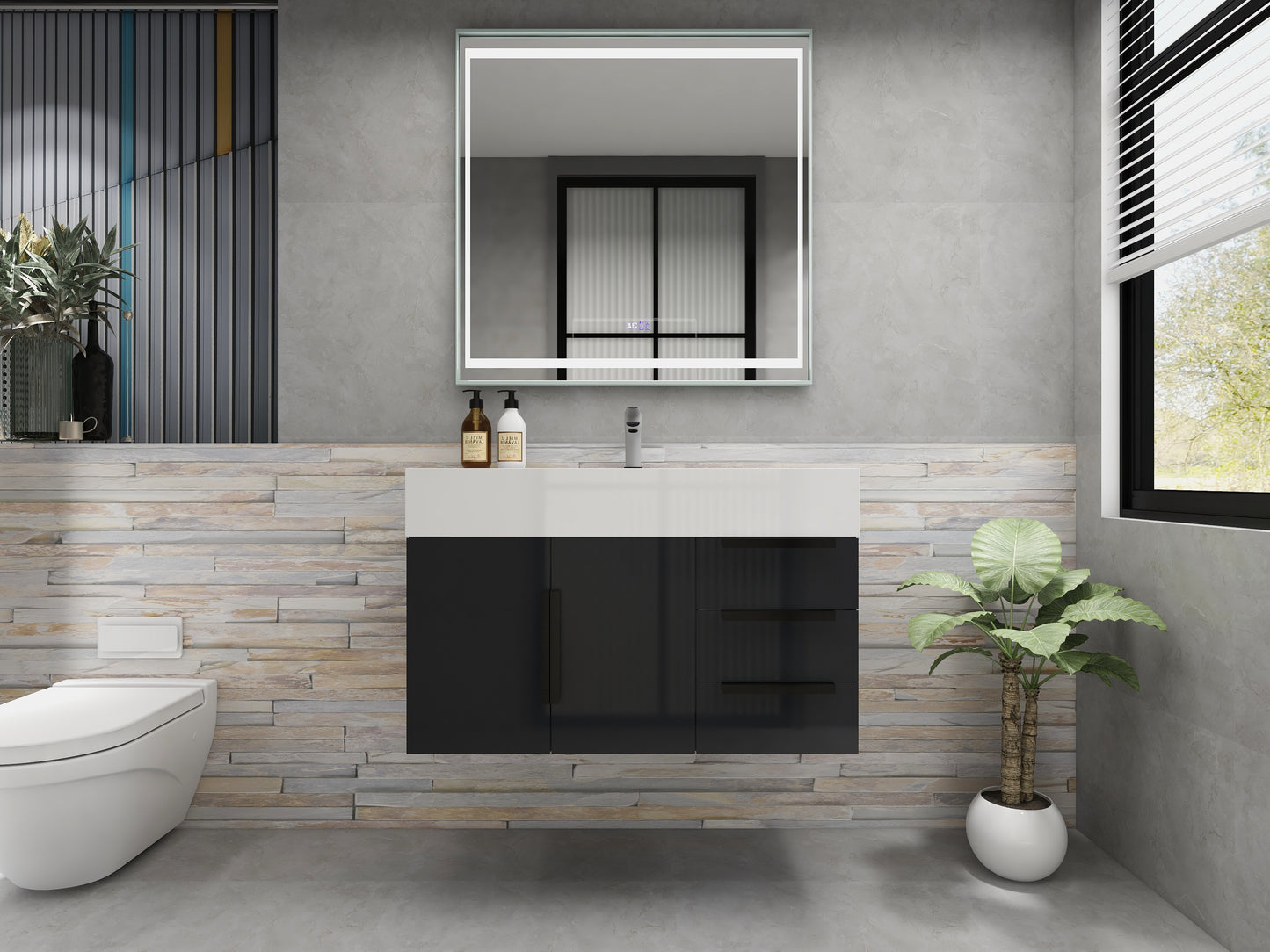 Bethany 36" Wall Mounted Floating Bathroom Vanity with Reinforced Acrylic Sink in Gloss Gray with Black Handles | Better Vanity Bath Vanities