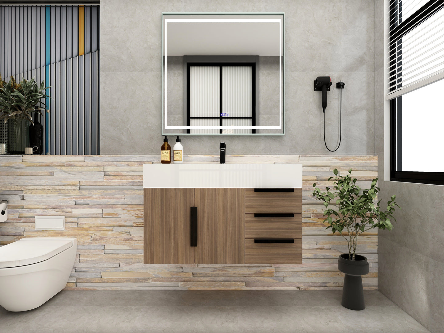 Bethany 36" Floating Bathroom Vanity with Reinforced Acrylic Sink in Rosewood with Black Handles | Better Vanity Bath Vanities