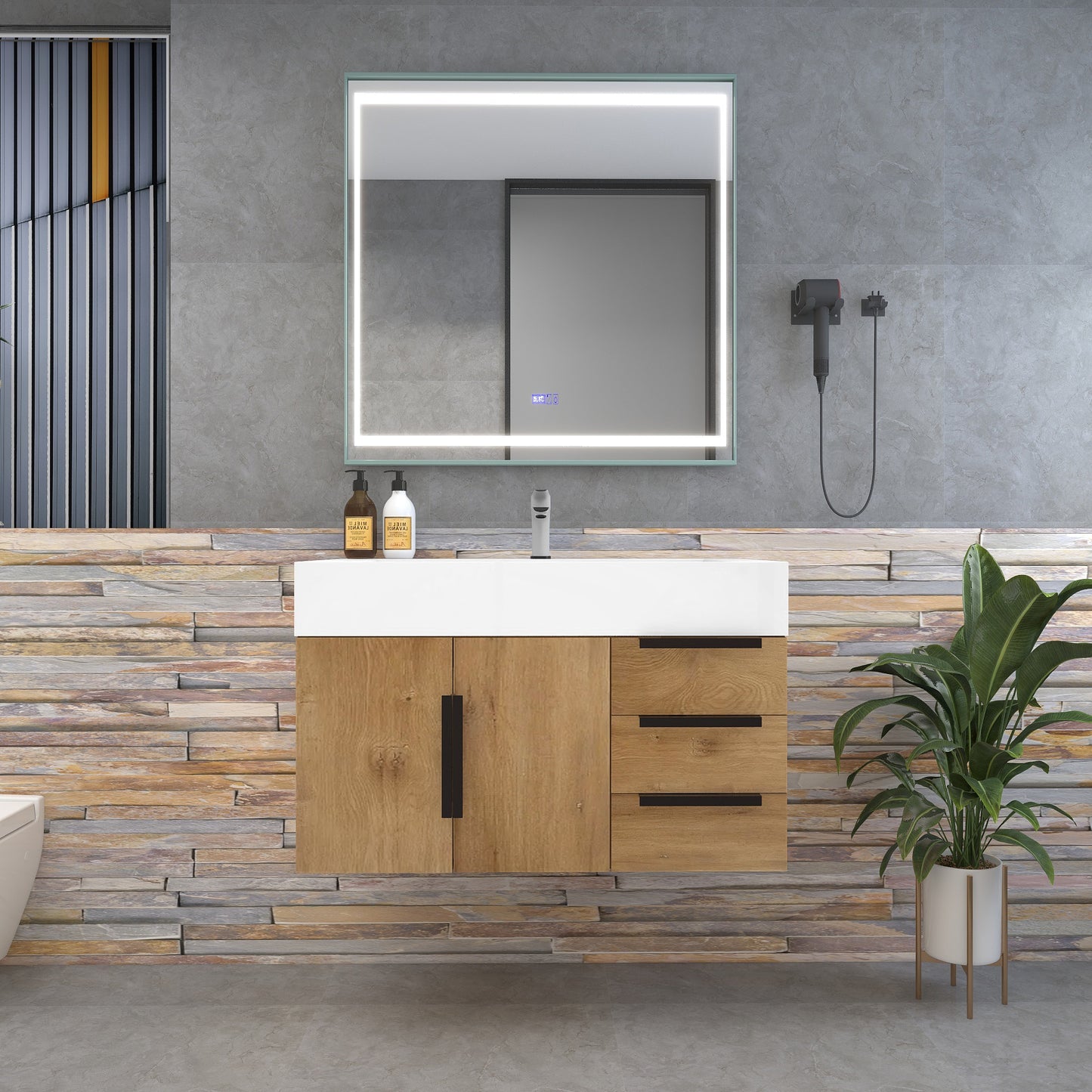 Bethany 36" Wall-Mounted Floating Bathroom Vanity with Reinforced Acrylic Sink in Teak Oak with Black Handles | Better Vanity Bath Vanities