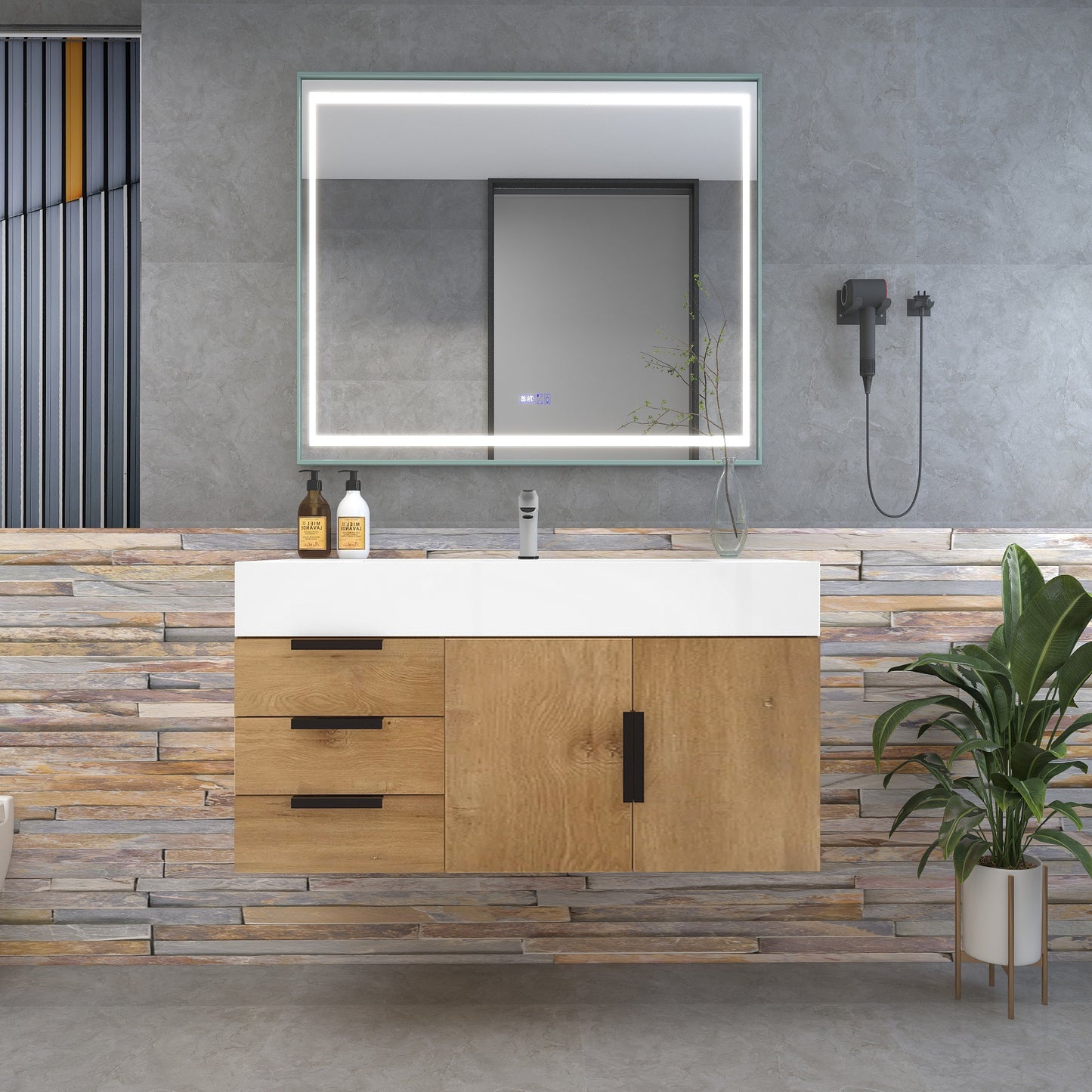 Bethany 42" Wall-Mounted Floating Bathroom Vanity with Reinforced Acrylic Sink in Teak Oak with Black Handles | Better Vanity Bath Vanities