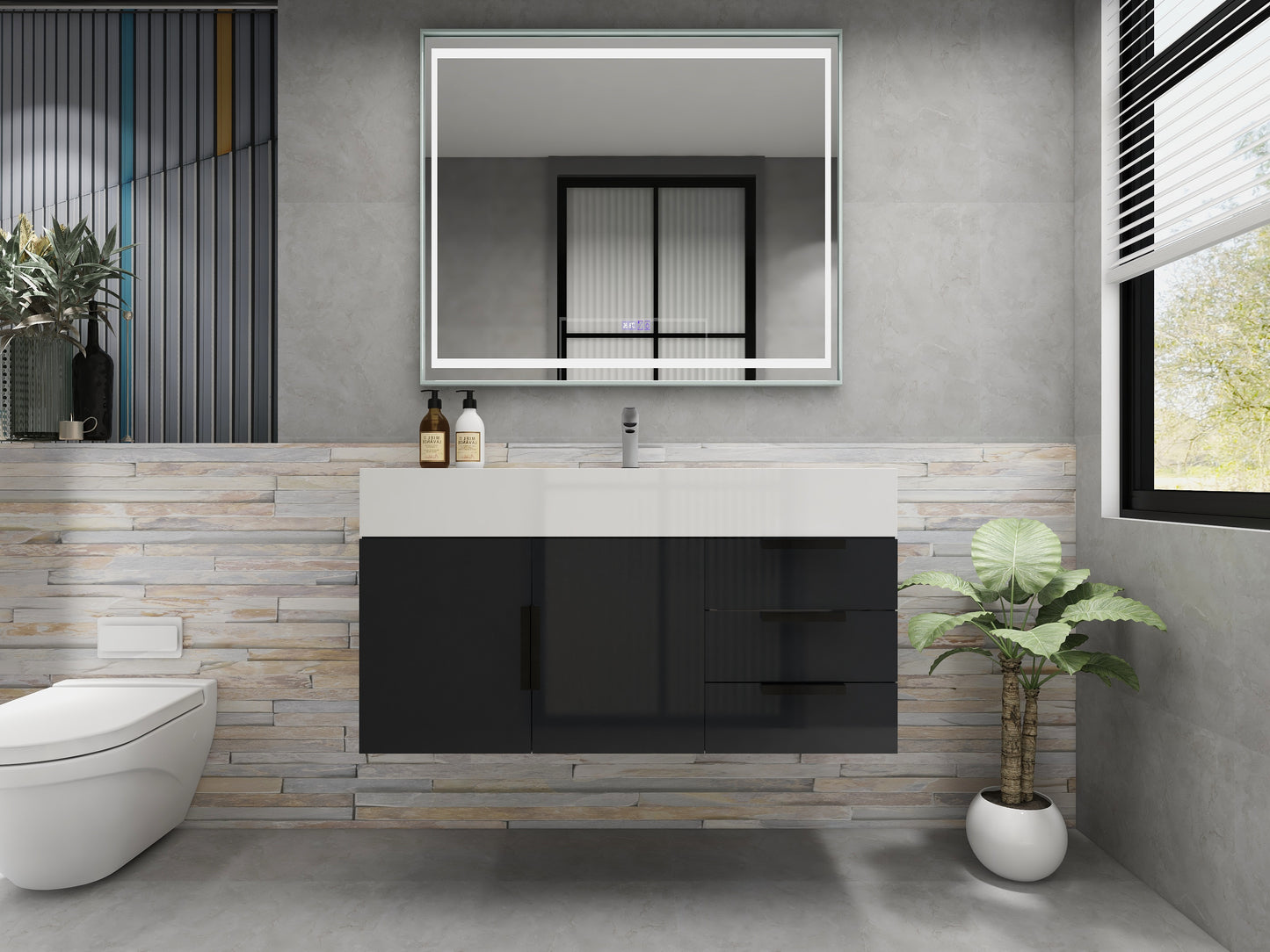 Bethany 42" Wall Mounted Floating Bathroom Vanity with Reinforced Acrylic Sink in Gloss Gray with Black Handles | Better Vanity Bath Vanities