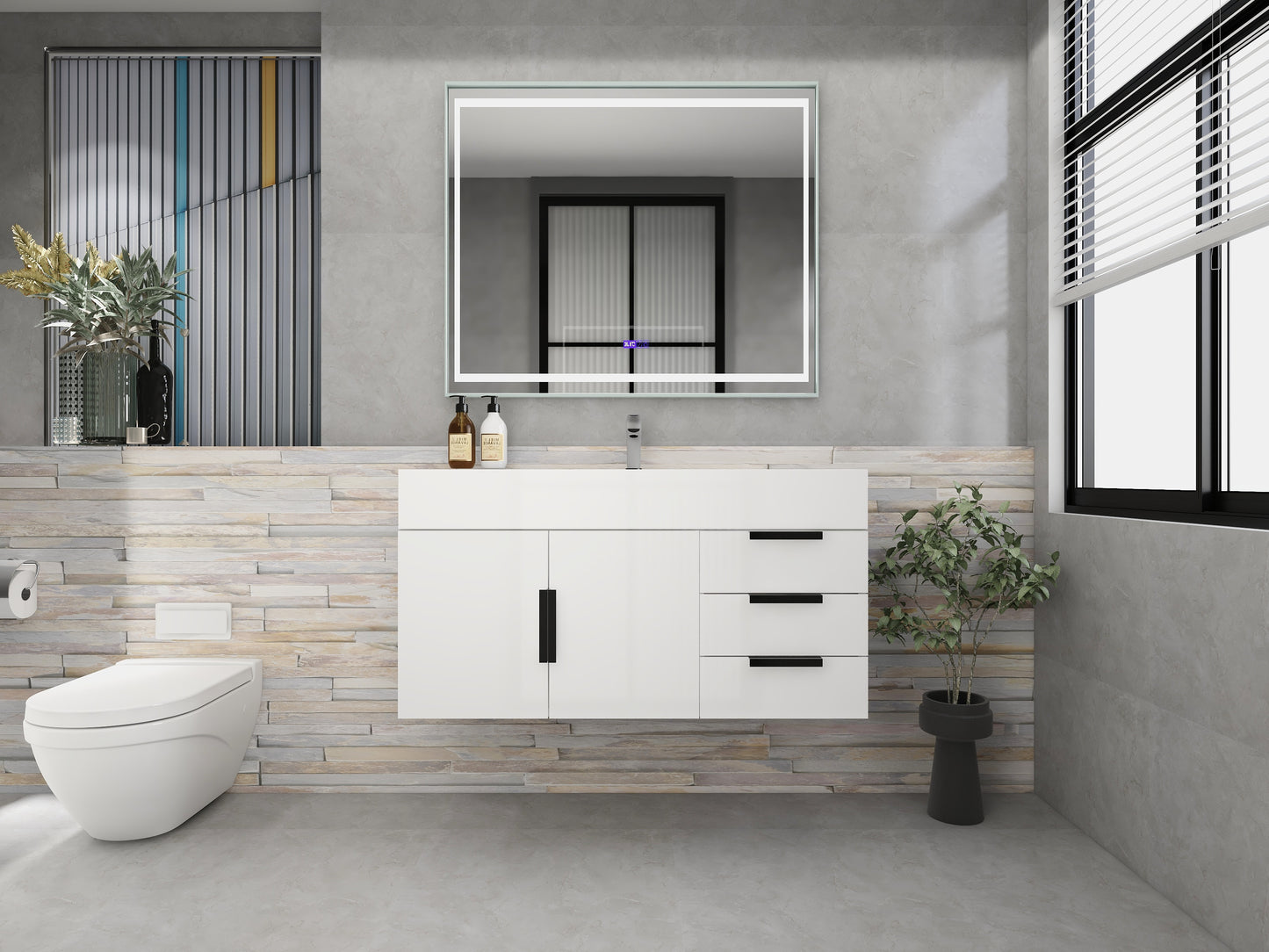 Bethany 42" Wall-Mounted Floating Bathroom Vanity with Reinforced Acrylic Sink in Gloss White with Black Handles | Better Vanity Bath Vanities