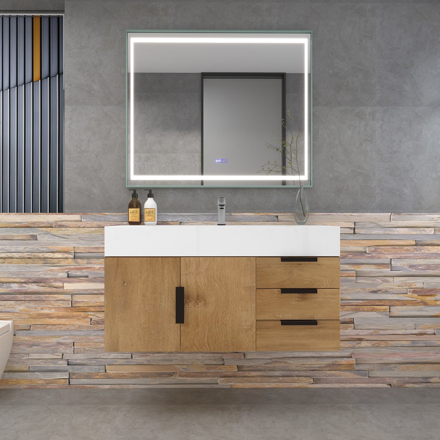 Bethany 42" Wall-Mounted Floating Bathroom Vanity with Reinforced Acrylic Sink in Teak Oak with Black Handles | Better Vanity Bath Vanities