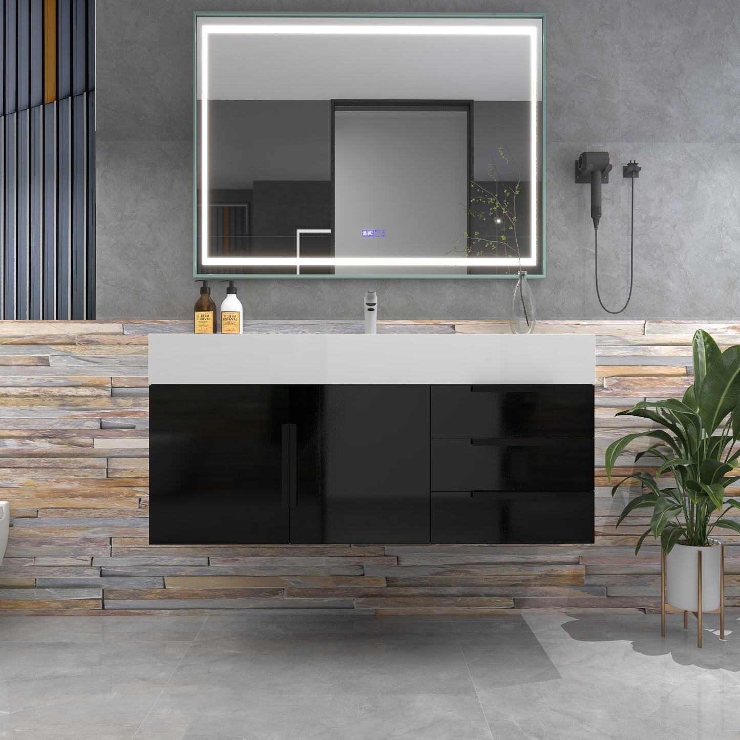Bethany 48" Wall-Mounted Floating Bathroom Vanity with Reinforced Acrylic Sink in Gloss Black with Black Handles | Better Vanity Bath Vanities