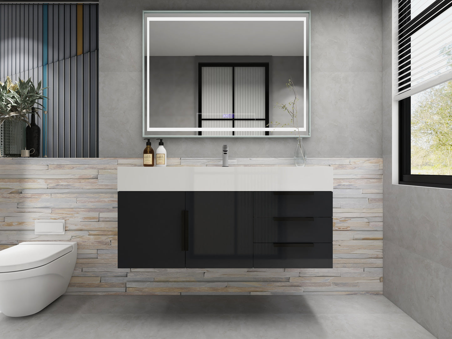 Bethany 48" Wall Mounted Floating Bathroom Vanity with Reinforced Acrylic Sink in Gloss Gray with Black Handles | Better Vanity Bath Vanities