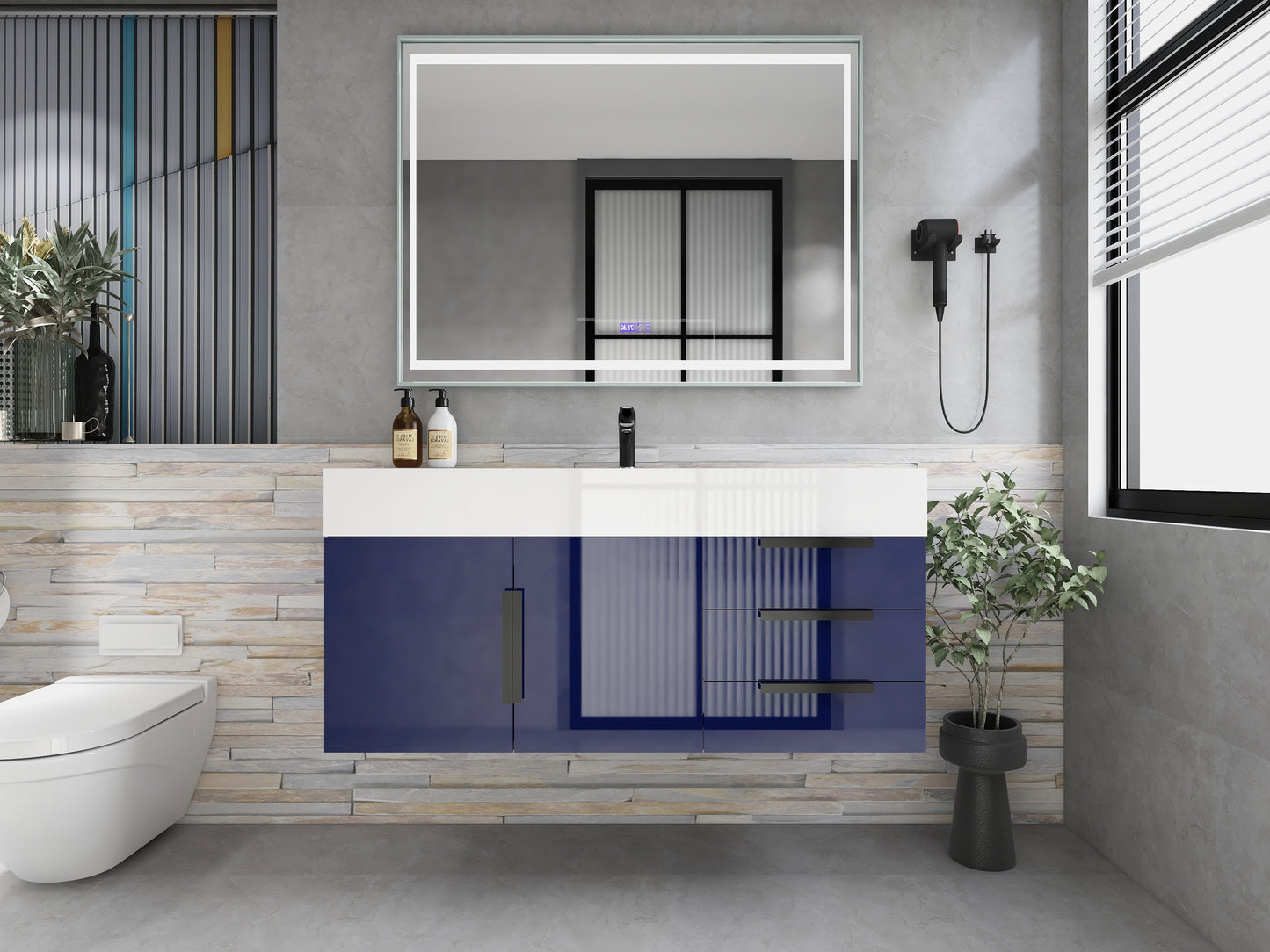 Bethany 48" Floating Bathroom Vanity with Reinforced Acrylic Sink in Night Blue Gloss with Black Handles | Better Vanity Bath Vanities