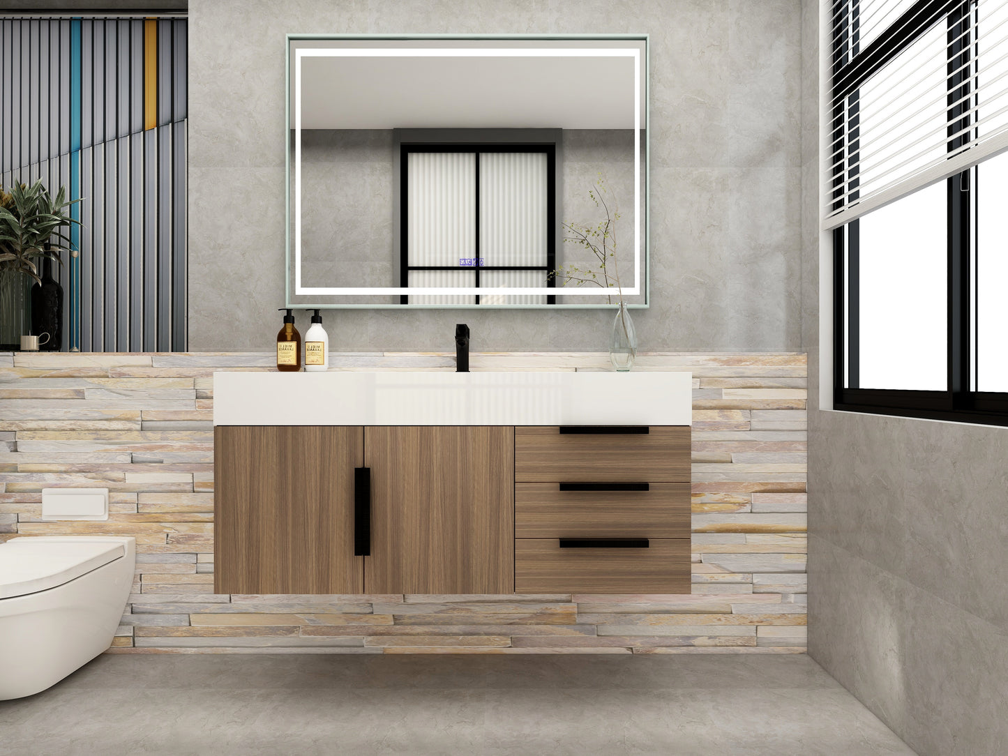 Bethany 48" Floating Bathroom Vanity with Reinforced Acrylic Sink in Rosewood with Black Handles | Better Vanity Bath Vanities