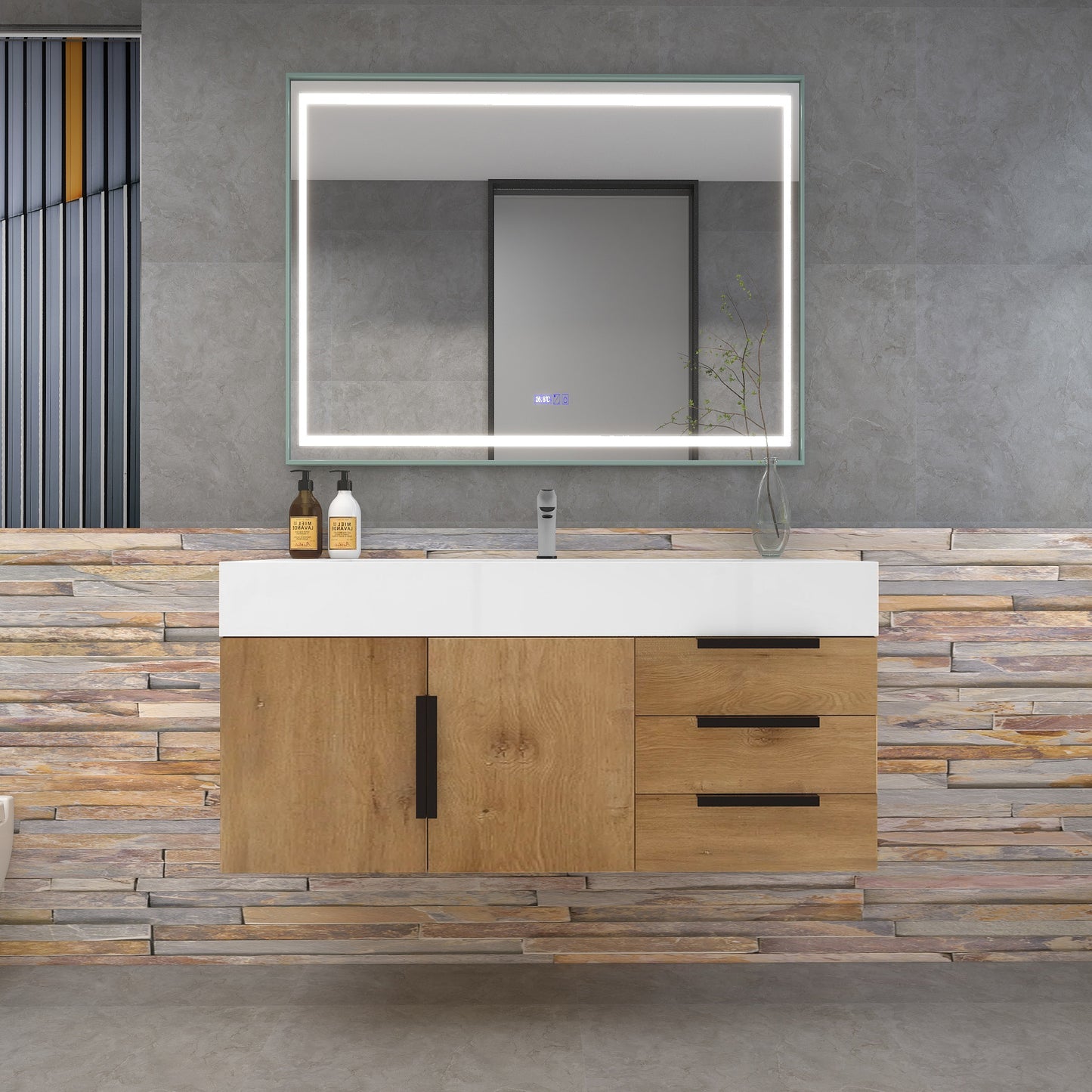 Bethany 48" Wall-Mounted Floating Bathroom Vanity with Reinforced Acrylic Sink in Teak Oak with Black Handles | Better Vanity Bath Vanities