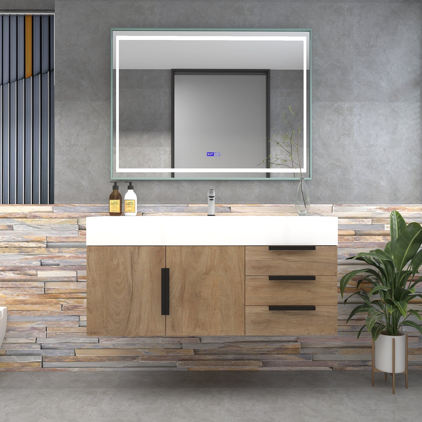 Bethany 48" Wall-Mounted Floating Bathroom Vanity with Reinforced Acrylic Sink in White Oak with Black Handles | Better Vanity Bath Vanities