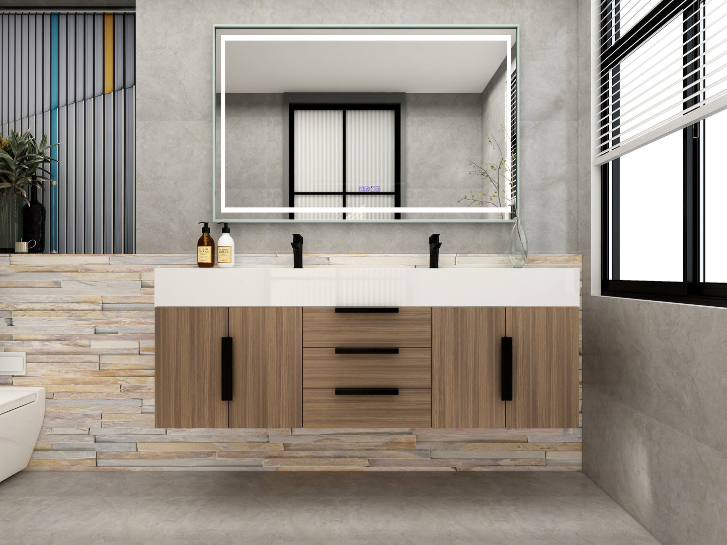 Bethany 60" Floating Bathroom Vanity with Reinforced Acrylic Double Sink in Rosewood with Black Handles | Better Vanity Bath Vanities