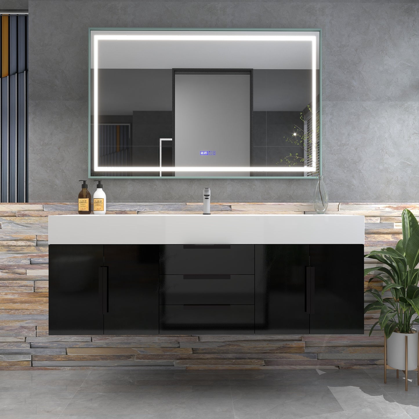 Bethany 60" Wall-Mounted Floating Bathroom Vanity with Reinforced Acrylic Sink in Gloss Black with Black Handles | Better Vanity Bath Vanities