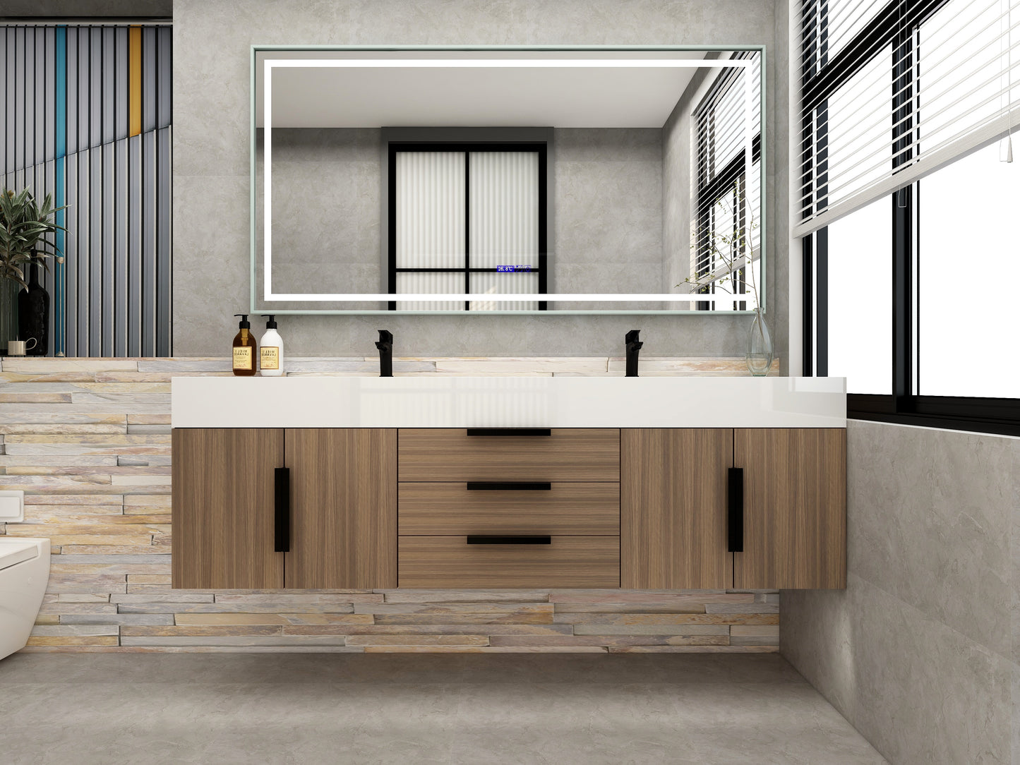 Bethany 72" Floating Bathroom Vanity with Reinforced Acrylic Double Sink in Rosewood with Black Handles | Better Vanity Bath Vanities