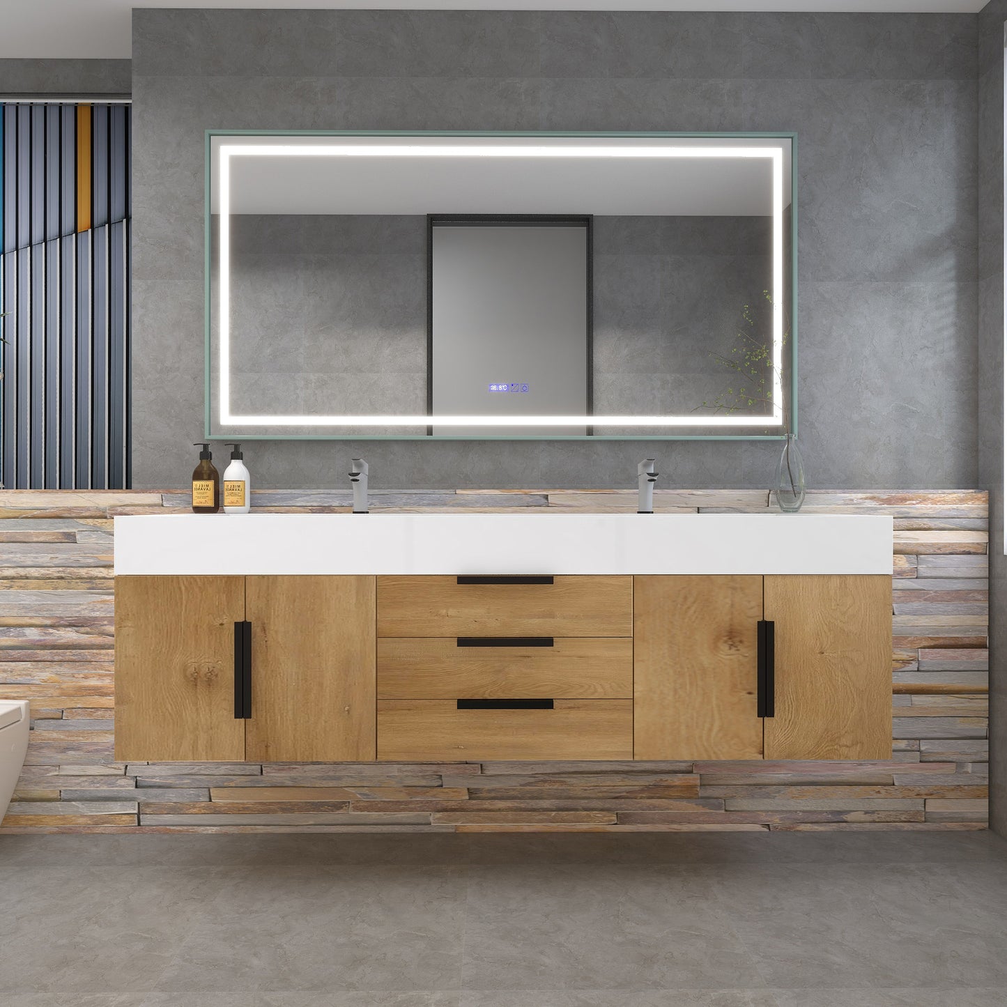 Bethany 72" Wall-Mounted Floating Bathroom Vanity with Reinforced Acrylic Double Sink in Teak Oak with Black Handles | Better Vanity Bath Vanities
