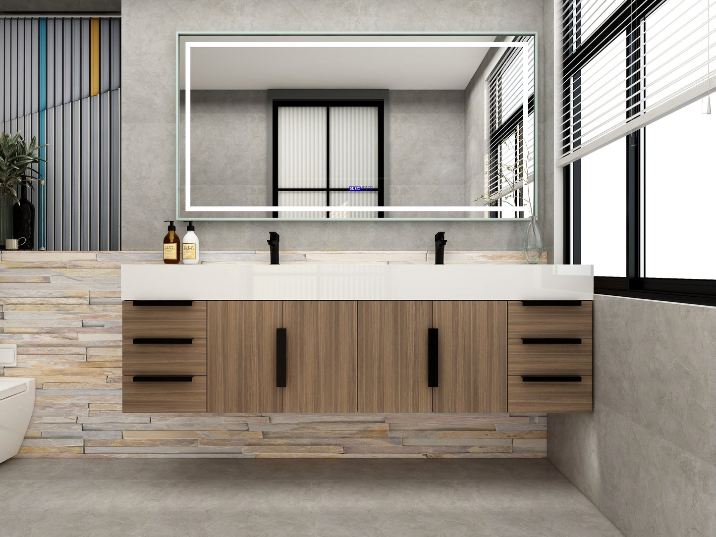 Bethany 72" Floating Bathroom Vanity with Reinforced Acrylic Double Sink in Rosewood with Black Handles | Better Vanity Bath Vanities