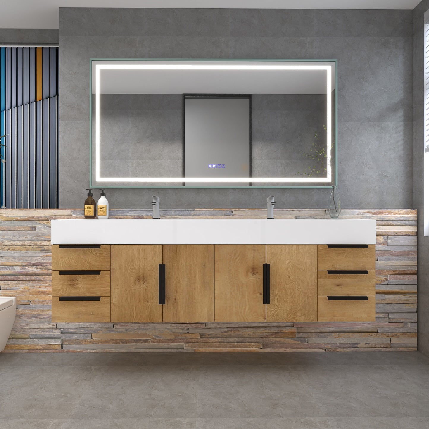 Bethany 72" Wall-Mounted Floating Bathroom Vanity with Reinforced Acrylic Double Sink in Teak Oak with Black Handles | Better Vanity Bath Vanities