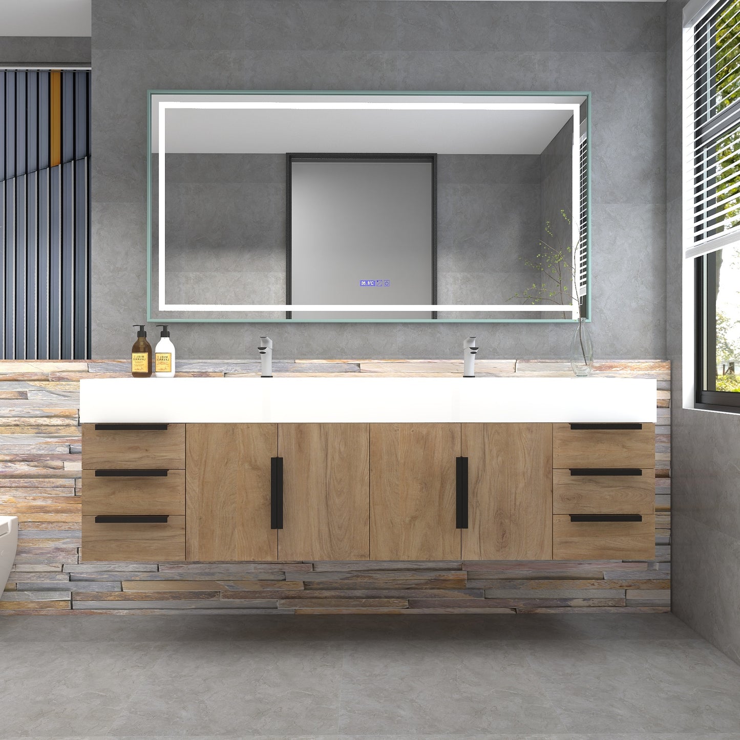 Bethany 72" Wall-Mounted Floating Bathroom Vanity with Reinforced Acrylic Double Sink in White Oak with Black Handles | Better Vanity Bath Vanities