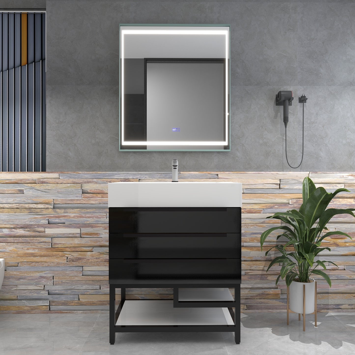 Bethany 30" Freestanding Bathroom Vanity with Reinforced Acrylic Sink in Gloss Black with Black Handles | Better Vanity Bath Vanities